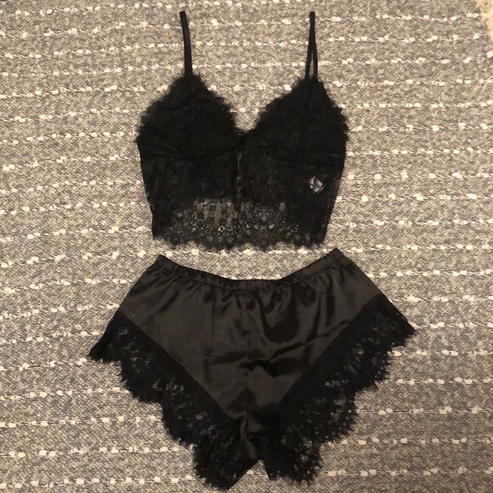Sexy black lace satin cami and shorts set